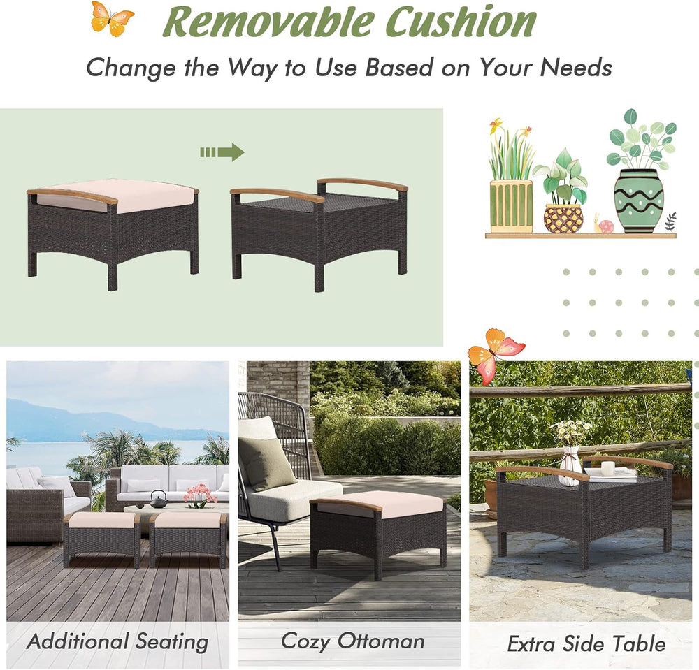 HAPPYGRILL Set of 2 Outdoor Patio Ottoman PE Rattan Wicker Ottomans with Remo...