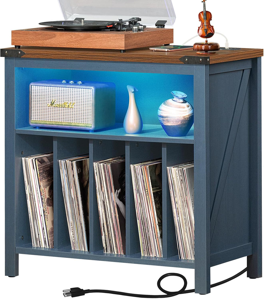 Joaxswe Large Record Player Table with Charging Station & LED Lights, Blu...