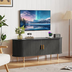 DHH 55 Inch Mid Century Modern TV Stand with Power Outlet for TVs up to 60 Inch, Entertainment Center with Storage and Adjustable Shelves, Media Console with Sliding Doors for Living Room(Black)