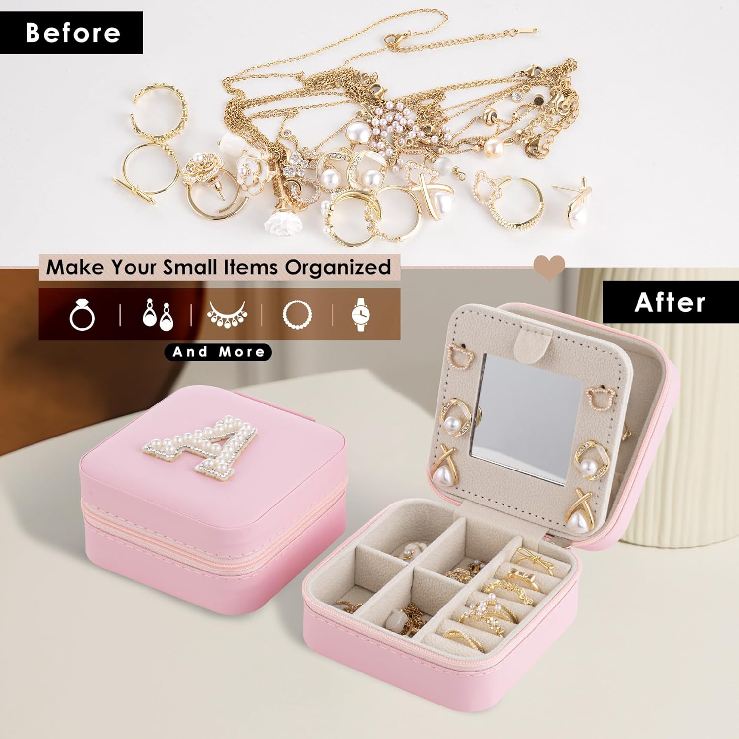 Birthday Gifts for Women - Initial & Travel Jewelry Case, Organizer for Wife, Girlfriend, Bridesmaid or Graduation