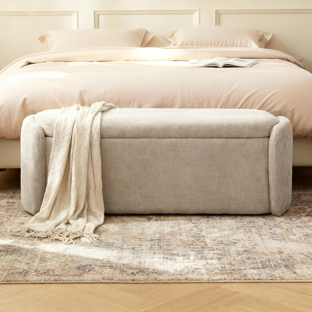 VKNOW Storage Bench, Upholstered Storage Ottoman Bench with Hinge, Khaki | Ot...