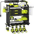 4 Layer Heavy Duty Power Tool Organizer Wall Mount with Charging Station, Adjustable Metal Storage Rack, 6 Outlets Strip, Drill Holders, Hooks & Drill Bit Rack for Garage, Workshop, Black