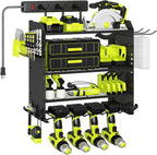 4 Layer Heavy Duty Power Tool Organizer Wall Mount with Charging Station, Adjustable Metal Storage Rack, 6 Outlets Strip, Drill Holders, Hooks & Drill Bit Rack for Garage, Workshop, Black