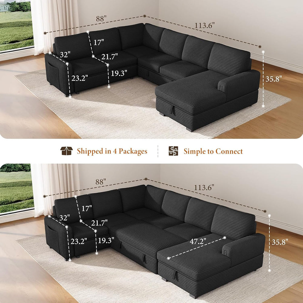 Vesgantti 113.6" Modular Sectional Sofa with Pull Out Bed, 7 Seater, Black