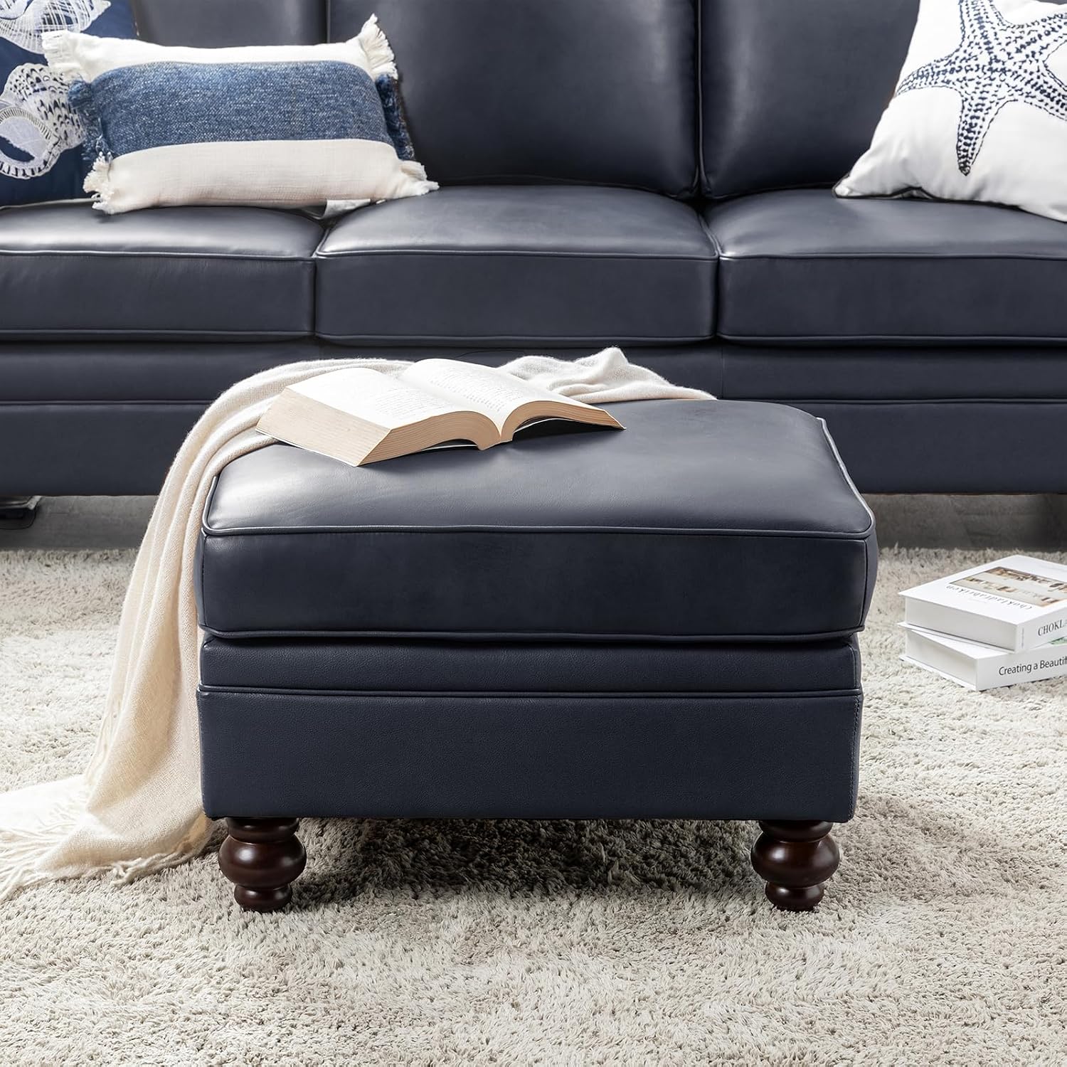 HULALA HOME Genuine Leather Ottoman Coffee Table, Ottoman Foot Rest for Living Room, Navy
