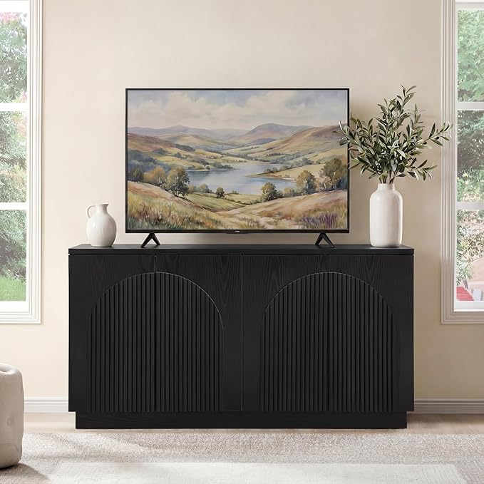 Yechen Fluted Black TV Stand with Arched Reeded Design Doors, Modern Entertainment Center with Storage for Up to 65 Inch, TV Media Console, TV Cabinet for Living Room, Bedroom(1 PCS)