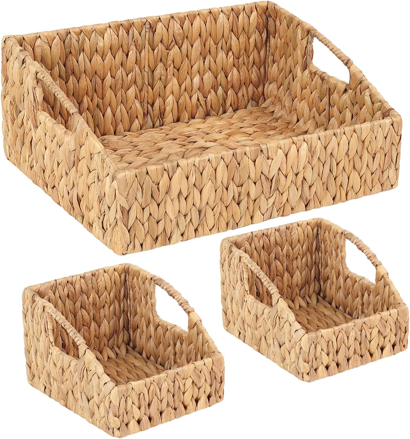 Set of 3 Handwoven Storage Baskets – Decorative Natural Wicker Organizer Bins with Built-in Handles for Bathroom, Kitchen, Pantry, Nursery, Closet, Laundry, Living Room, and Home Use
