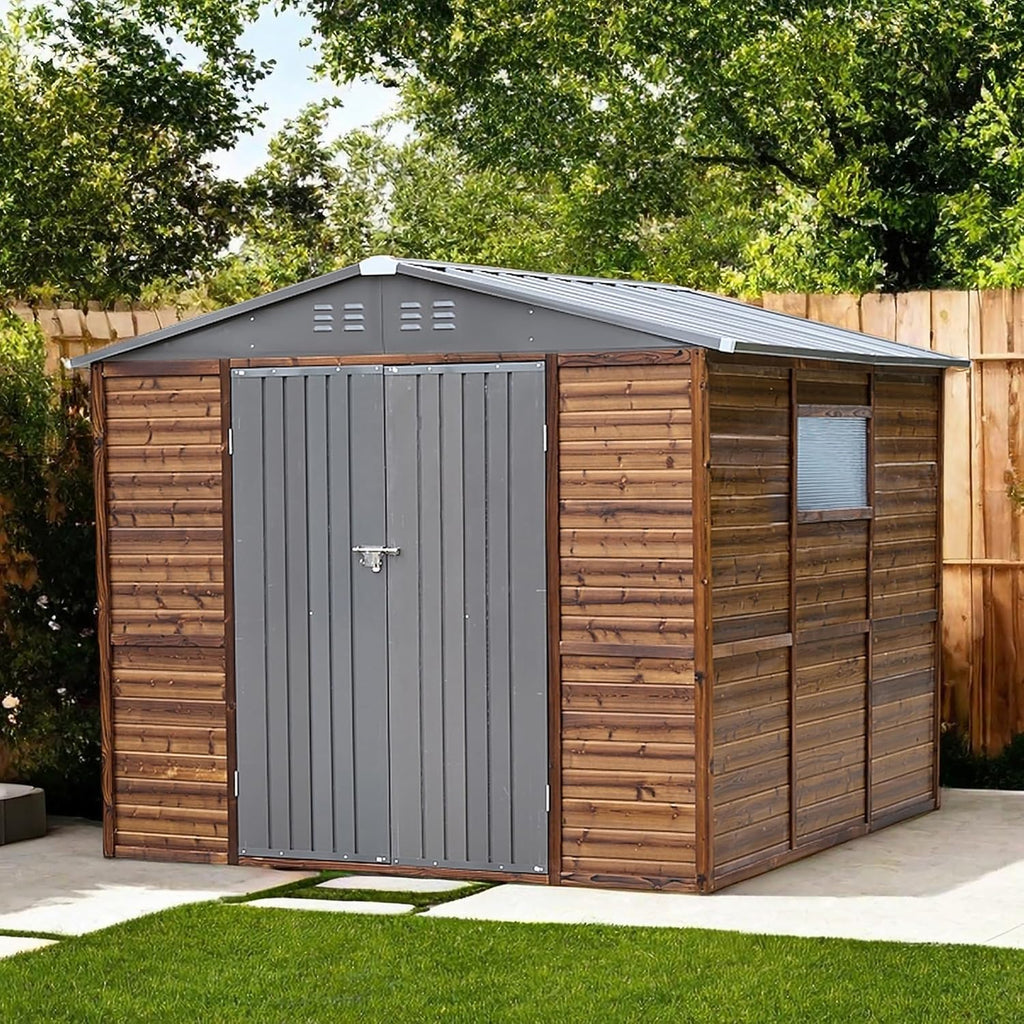8x8 FT Outdoor Storage Shed with Windows, Wood & Metal Tool Shed Waterproof Storage House for Outside Patio, Backyard, Garden, 4 Vents (Without Floor) Wood Color