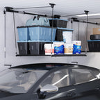 FLEXIMOUNTS Garage Lifting Metal Rack, 4x4 Ft Overhead Garage Storage Racks, Adjustable Heavy-Duty Ceiling Organization System, 350lbs Weight, Satin Black