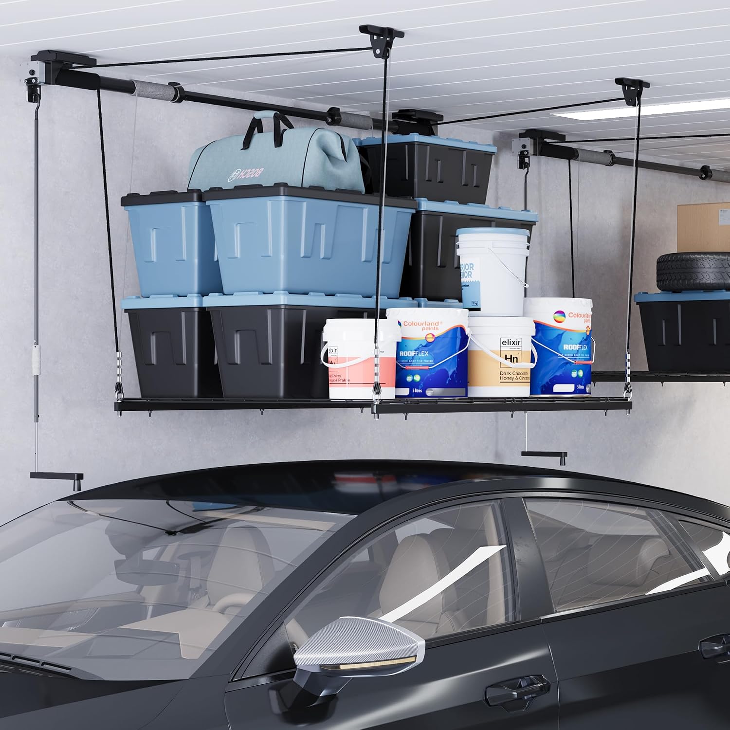 FLEXIMOUNTS Garage Lifting Metal Rack, 4x4 Ft Overhead Garage Storage Racks, Adjustable Heavy-Duty Ceiling Organization System, 350lbs Weight, Satin Black