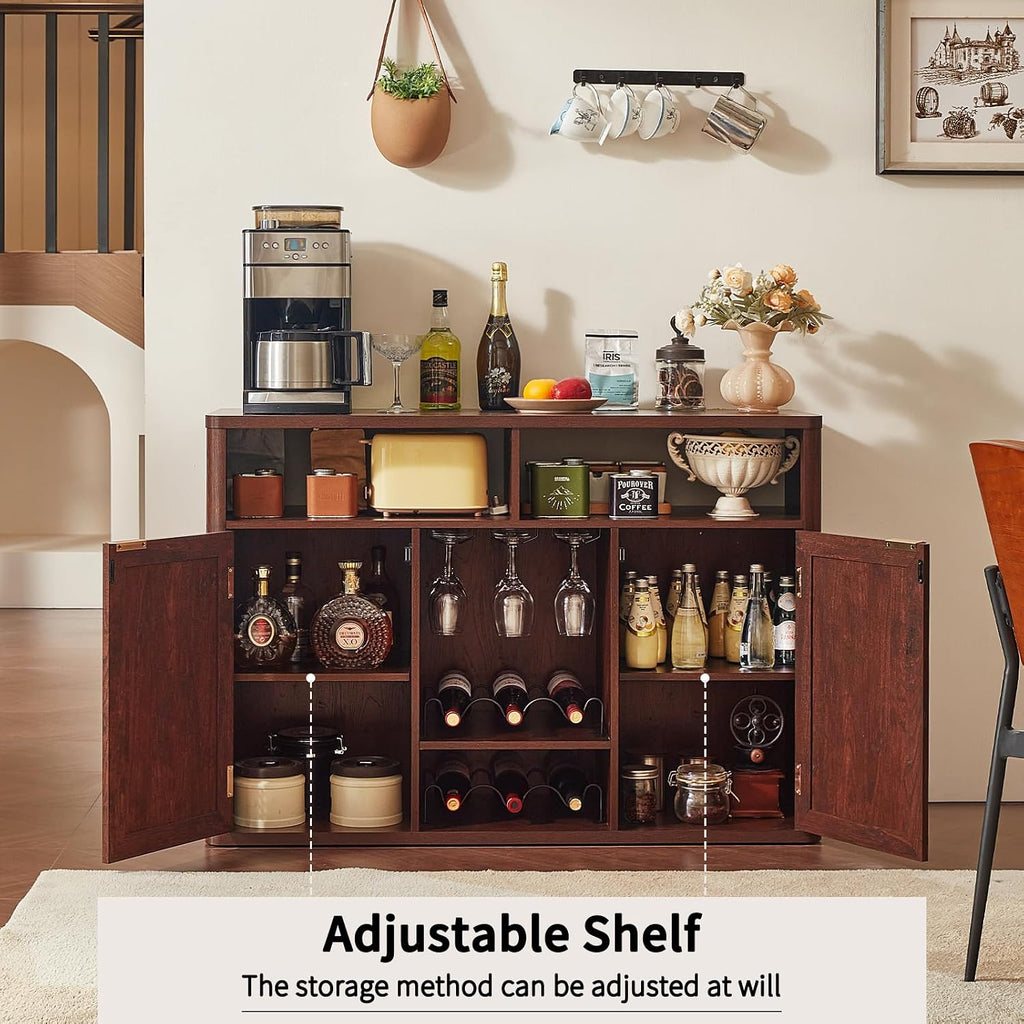 Lerliuo Rattan Wine Bar Cabinet with 2 Doors, Walnut | Boho Liquor Cabinet with Wine Racks & 2 Open Shelves & Rounded Corners for Living Room, Dining Room, Kitchen