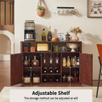 Lerliuo Rattan Wine Bar Cabinet with 2 Doors, Walnut | Boho Liquor Cabinet with Wine Racks & 2 Open Shelves & Rounded Corners for Living Room, Dining Room, Kitchen