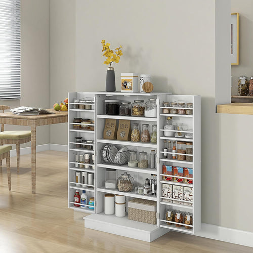 23.5" D*11.75" W*41" H Freestanding Storage Cabinet with 2 Drawers, 4 Shelves, Double Door with 10 Shelves, Modern Minimalist, Rectangular Kitchen Pantry, for Living Room, Dining Room, White