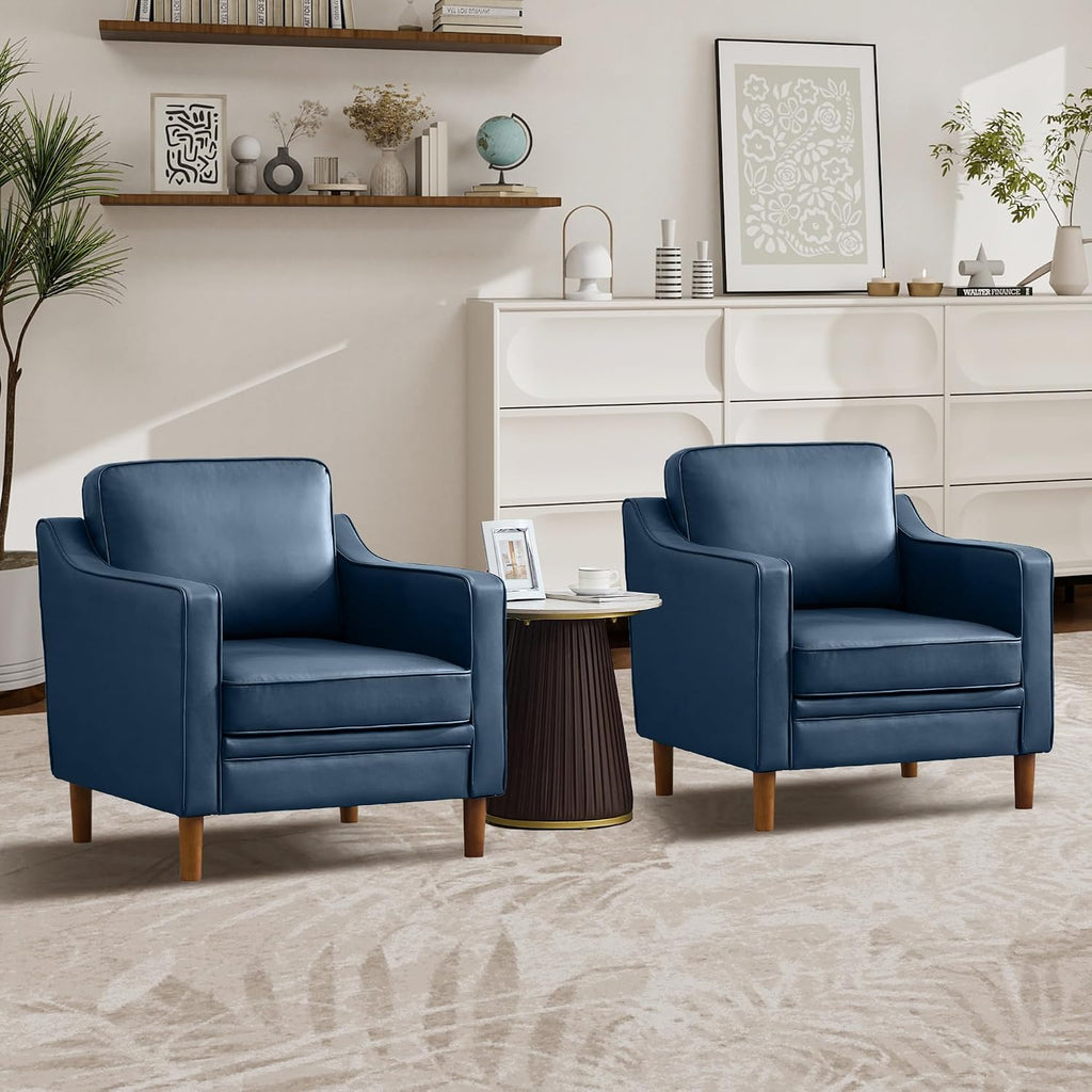 Kingfun Accent Chair Set of 2, Living Room Chairs, Faux Leather Reading Armchair, Mid Century with Solid Wood Foot, Upholstered Modern Decor for Bedroom, Apartment