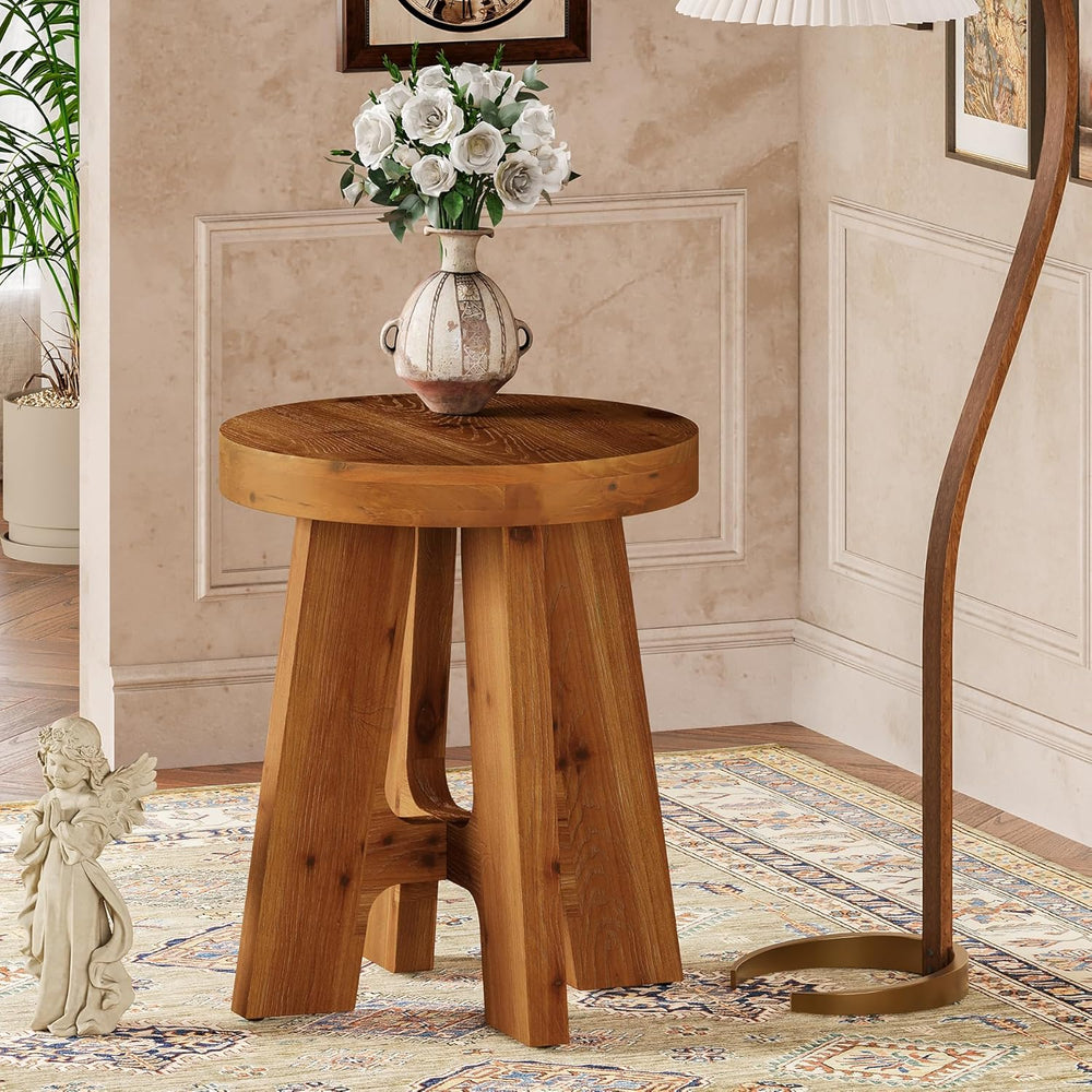 Round Side Table, Farmhouse Solid Wood End Table for Couch, Mid Century Moder...