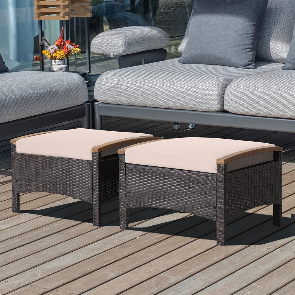 HAPPYGRILL Set of 2 Outdoor Patio Ottoman PE Rattan Wicker Ottomans with Remo...