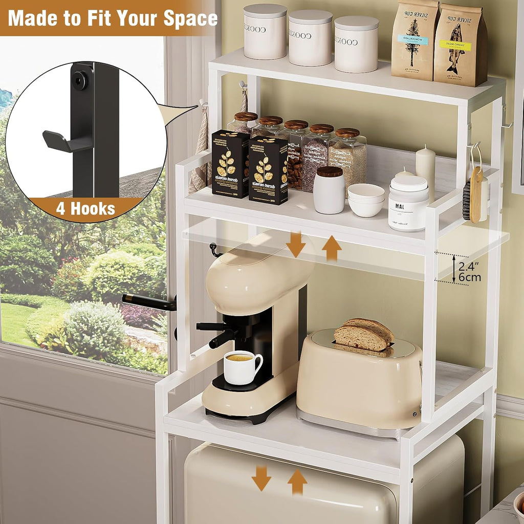 3-Tier Kitchen Bakers Rack with Adjustable Shelves, Freestanding Kitchen Microwave Stand with Storage, Split Design Coffee Bar Shelf for Home Office (White, 25.6")