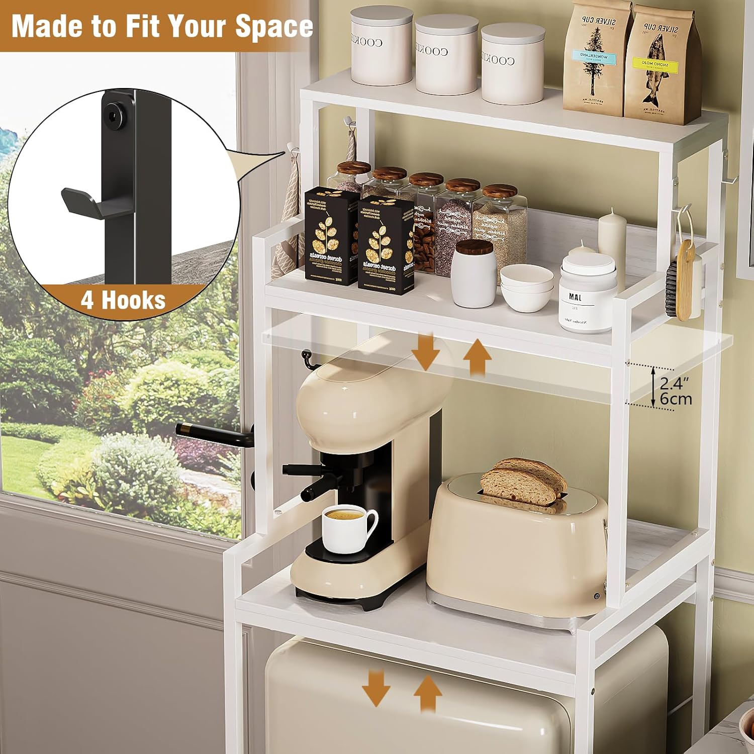 3-Tier Kitchen Bakers Rack with Adjustable Shelves, Freestanding Kitchen Microwave Stand with Storage, Split Design Coffee Bar Shelf for Home Office (White, 25.6")
