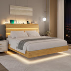 Feonase Floating Bed Frame Full with Led Lights and Charging Station, Wood Full Size Bed Frame with Storage Headboard, Heavy Duty Metal Slats, No Box Spring Needed, Easy Assembly,Oak