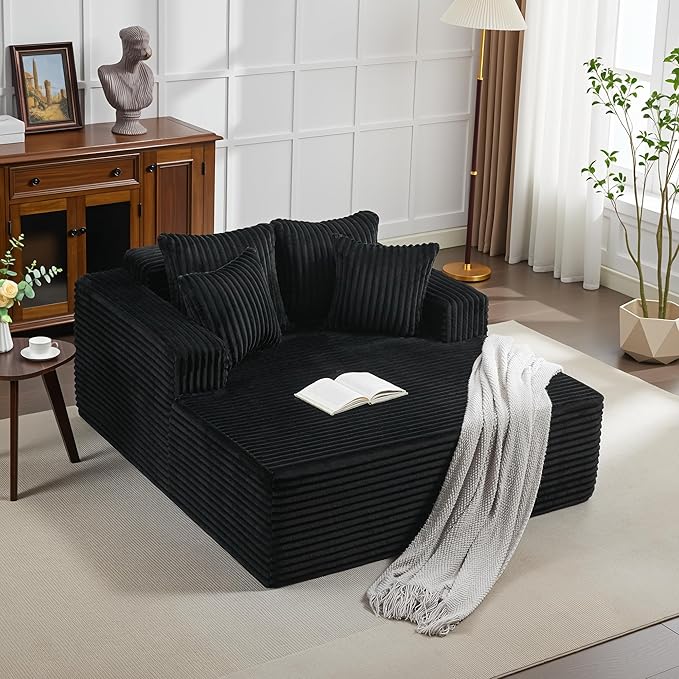 54.3"W Oversized Chaise Lounge Chair Indoor, Boneless Corduroy Sleeper Sofa Bed with 4 Pillows, Armrests, Comfy Fluffy Reading Couch, No Assembly Required Cloud Sofa for Living Room, Bedroom, Office