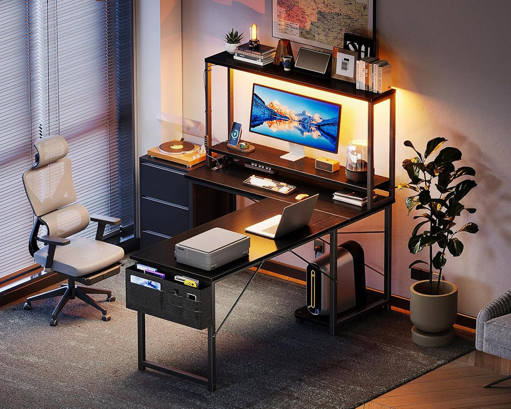 AODK L Shaped Desk Gaming Desk with LED Light & Power Outlet | 53 Inch Bl...