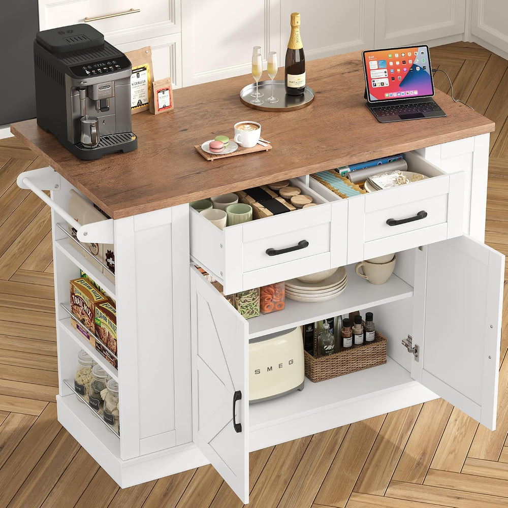 Keyluv Kitchen Storage Island with 2 Stools, 51.2” Mobile Kitchen Cart with D...