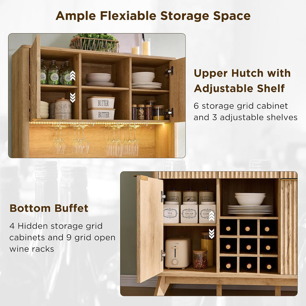 OKD 72" Tall Coffee Bar Cabinet, Fluted Wooden Wine Cabinet, Natural Oak | Power Outlets, Led Lights, 4 Stemware Racks, 9 Wine Racks, 3 Drawers, 4 Cabinets, 2 Open Shelf, Home Bar Storage