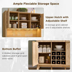 OKD 72" Tall Coffee Bar Cabinet, Fluted Wooden Wine Cabinet, Natural Oak | Power Outlets, Led Lights, 4 Stemware Racks, 9 Wine Racks, 3 Drawers, 4 Cabinets, 2 Open Shelf, Home Bar Storage