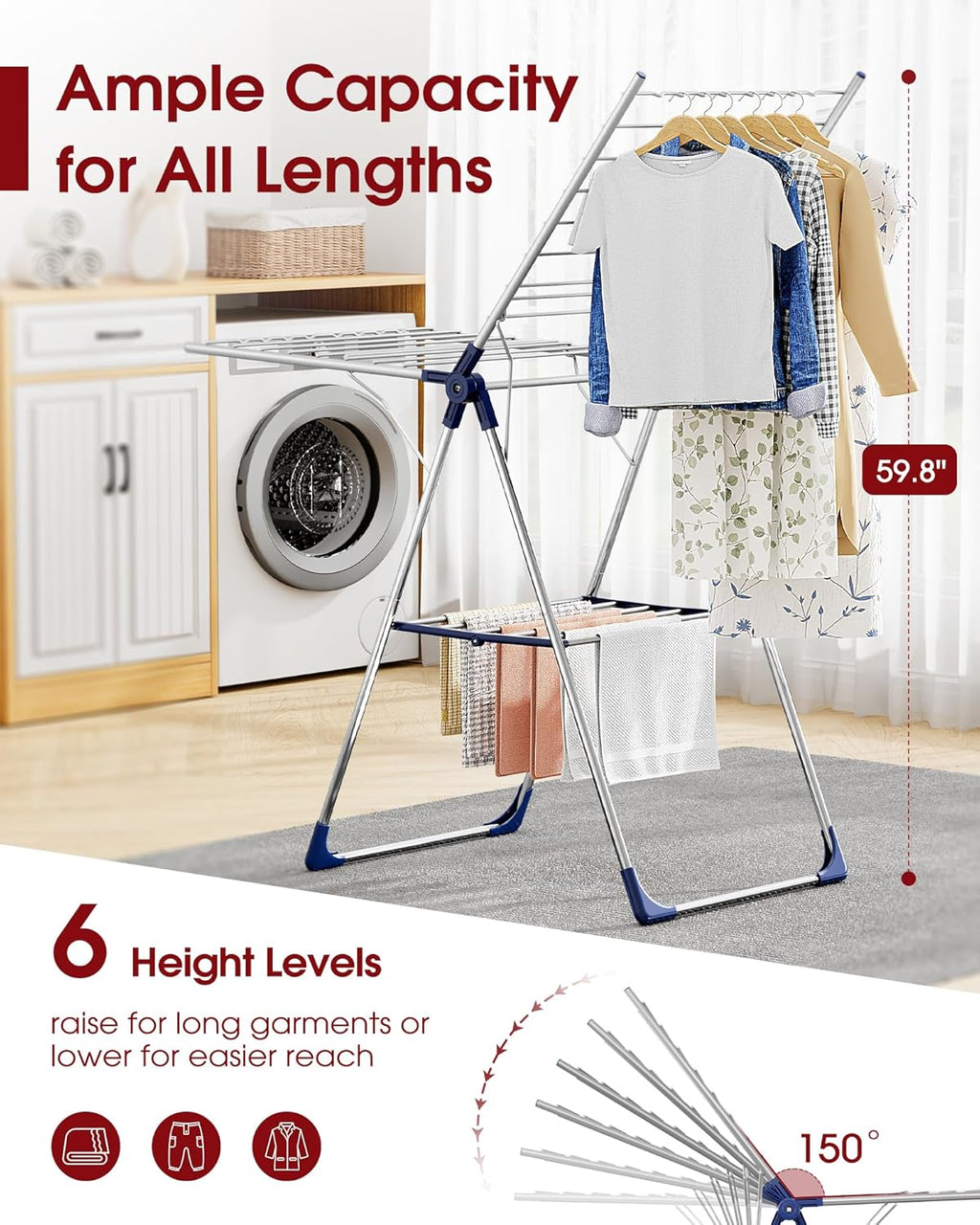 Sakugi Clothes Drying Rack with Height-Adjustable Wings, Metal Foldable Laundry Dryer Stand for Clothing & Bedding, Free-Standing Collapsible for Indoor & Outdoor Use, 55.5" L × 22.8" W, Silver Blue