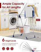 Sakugi Clothes Drying Rack with Height-Adjustable Wings, Metal Foldable Laundry Dryer Stand for Clothing & Bedding, Free-Standing Collapsible for Indoor & Outdoor Use, 55.5" L × 22.8" W, Silver Blue