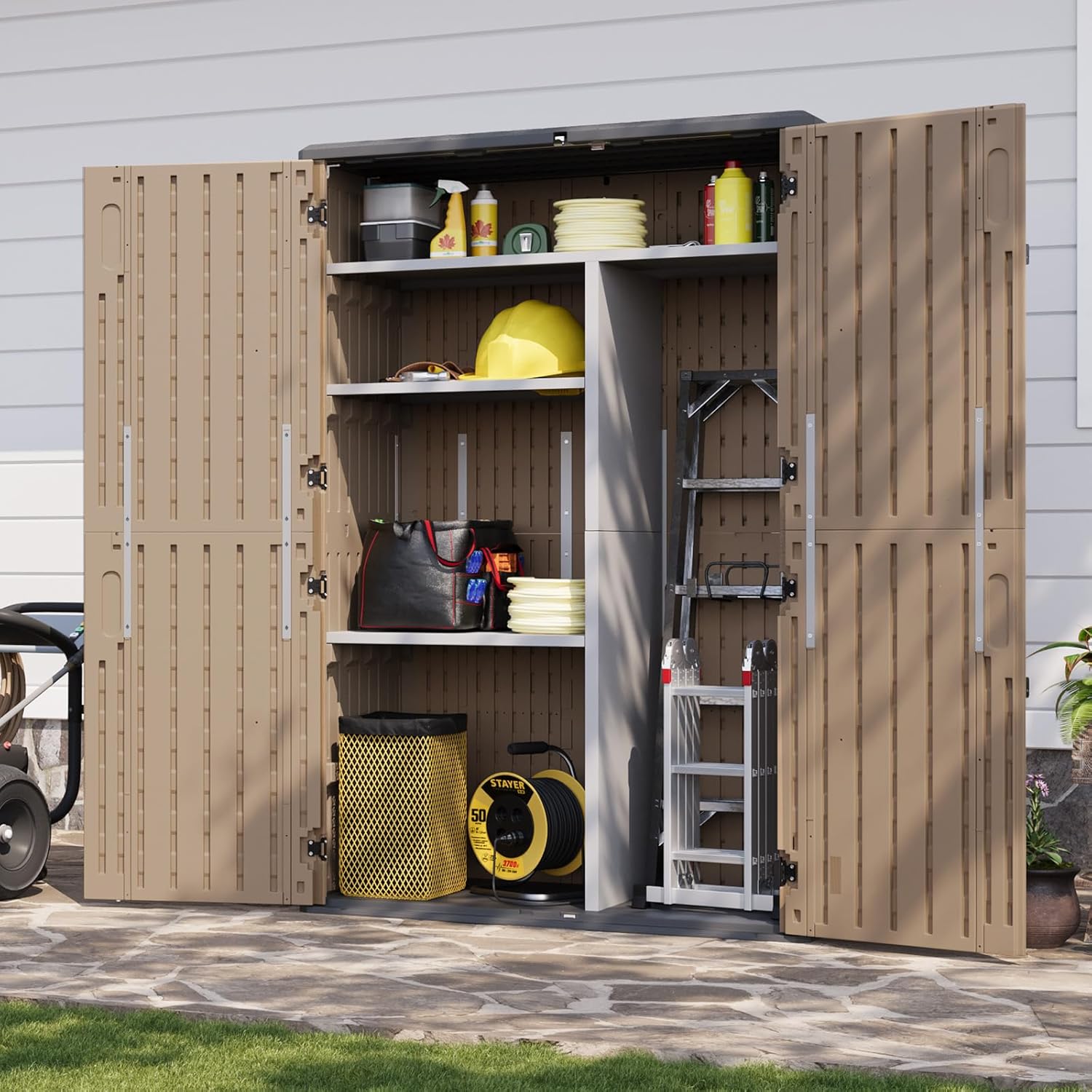 Aoxun Outdoor Storage Shed with Metal Shelving Kit & Floor, 64 Cu.Ft Large Outdoor Storage Cabinet, Waterproof Vertical Resin Shed for Garden Tools, Pool Equipment, Brown