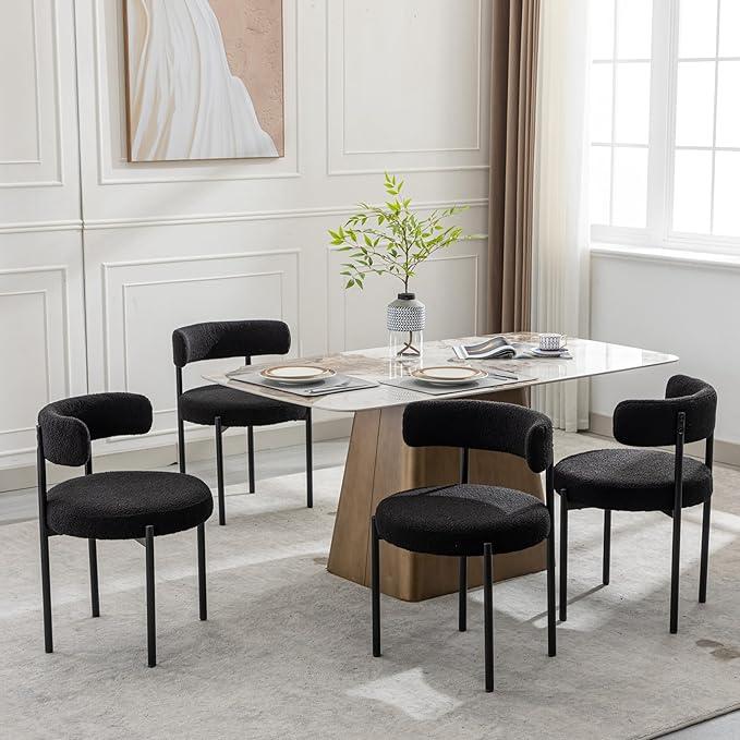 Boucle Dining Chairs Set of 2, Black Dining Chairs with Upholstered Seat and ...