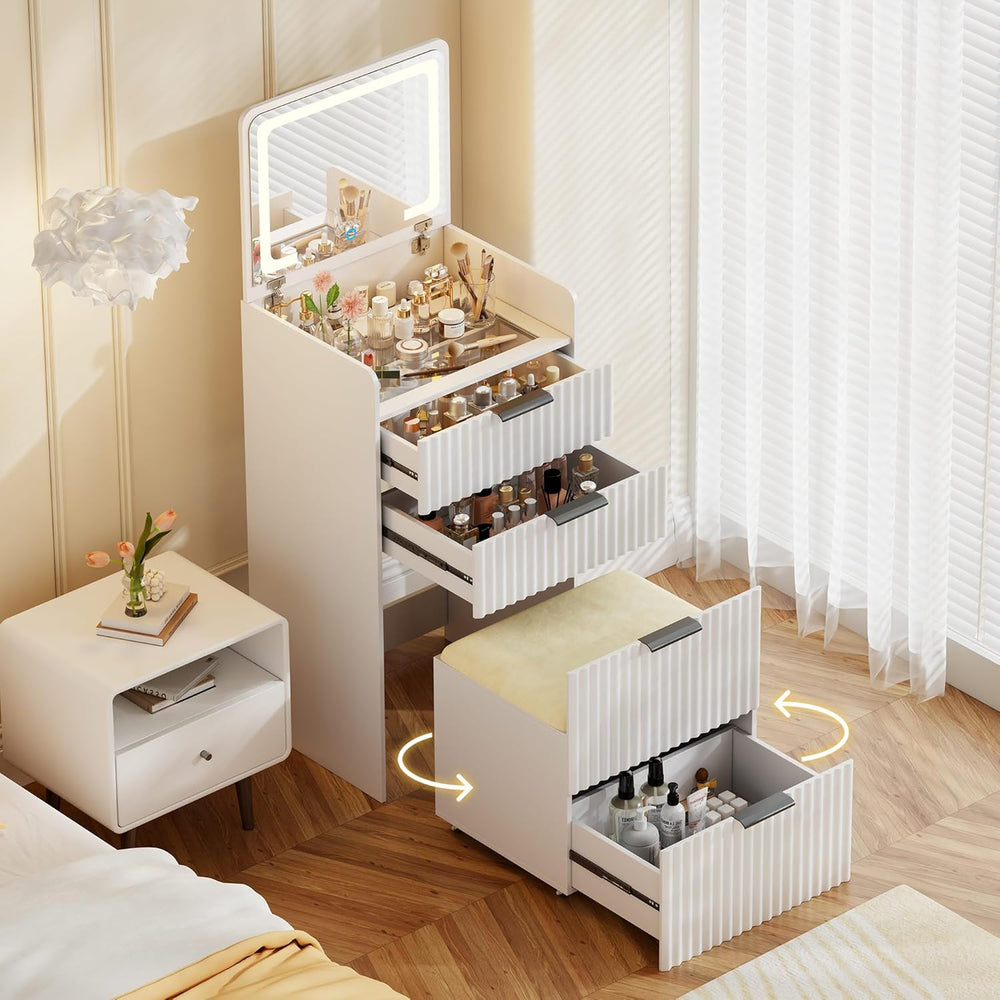 Small Vanity Desk with Mirror and Lights, 3-in-1 Compact Vanity Table | Chair...
