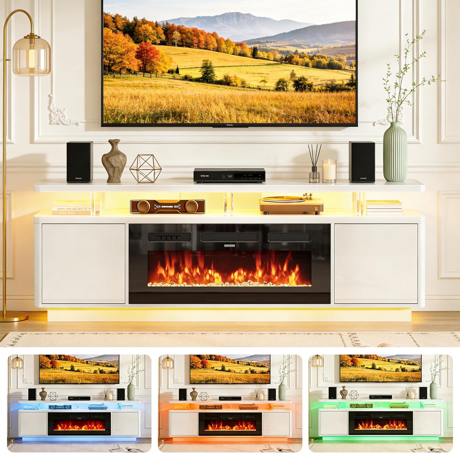 oneinmil 70" White Fireplace TV Stand for Living Room, Electric Fireplace Entertainment Center with Dual LED Lights & Storage Cabinets, Fits TVs up to 80", Media Console for Home Office, White