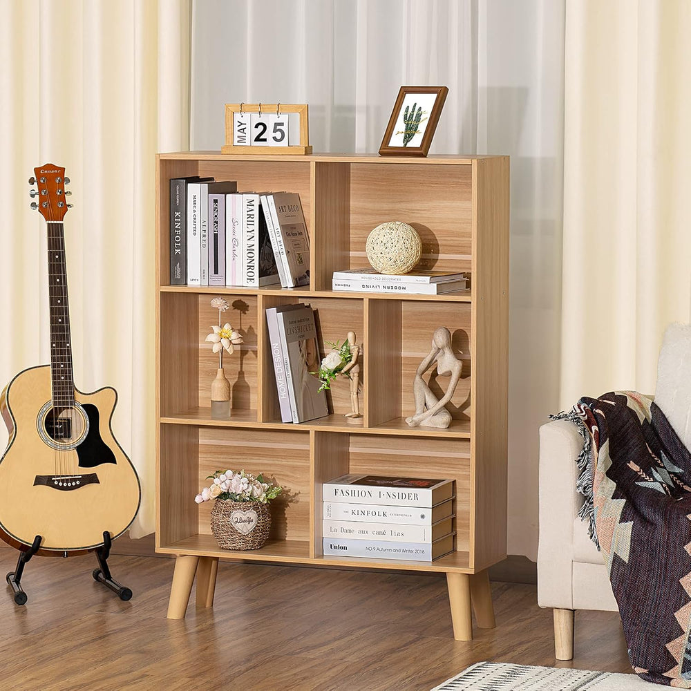 LEYAOYAO Wooden 7 Cube Book Shelf, Natural 3 Tier Bookshelf with Legs, Modern...