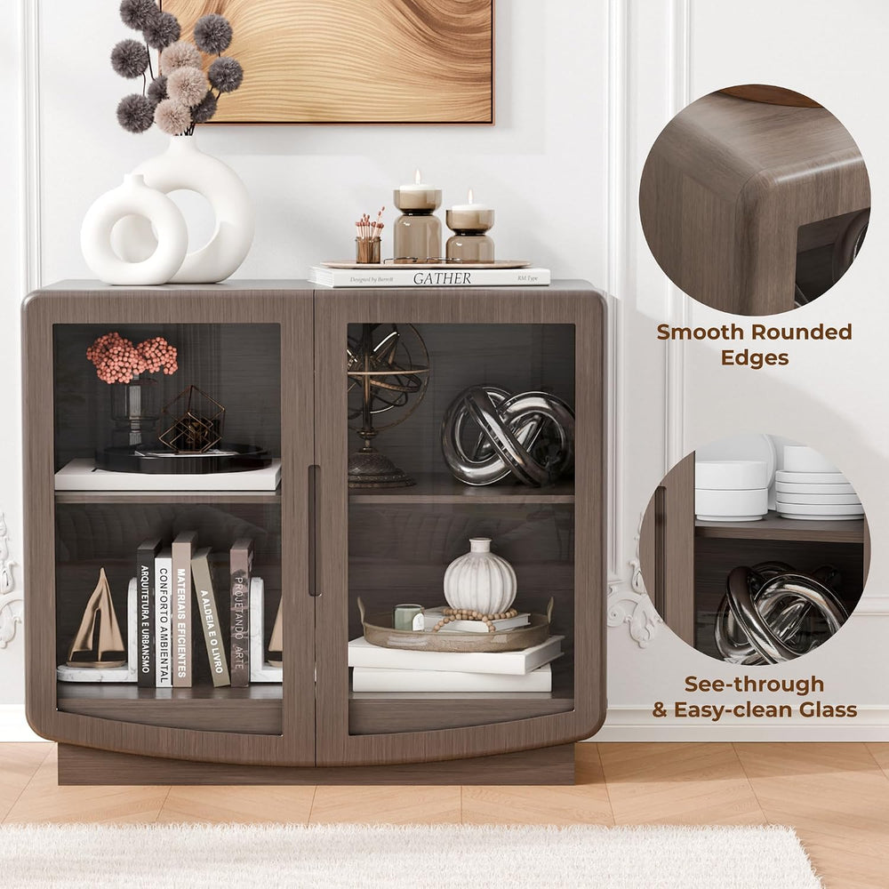 35" Sideboard Buffet Cabinet with Storage, Walnut Glass 2-Door Cabinet w...