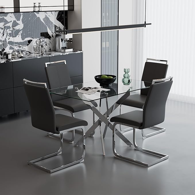 5 Piece Dining Table Table Set, Modern Tempered Glass Dining Table Set for 4 Kitchen Table Set with 4 Upholstered Chairs for Kitchen Dining Room (Sliver Table with Dark Grey Chairs)