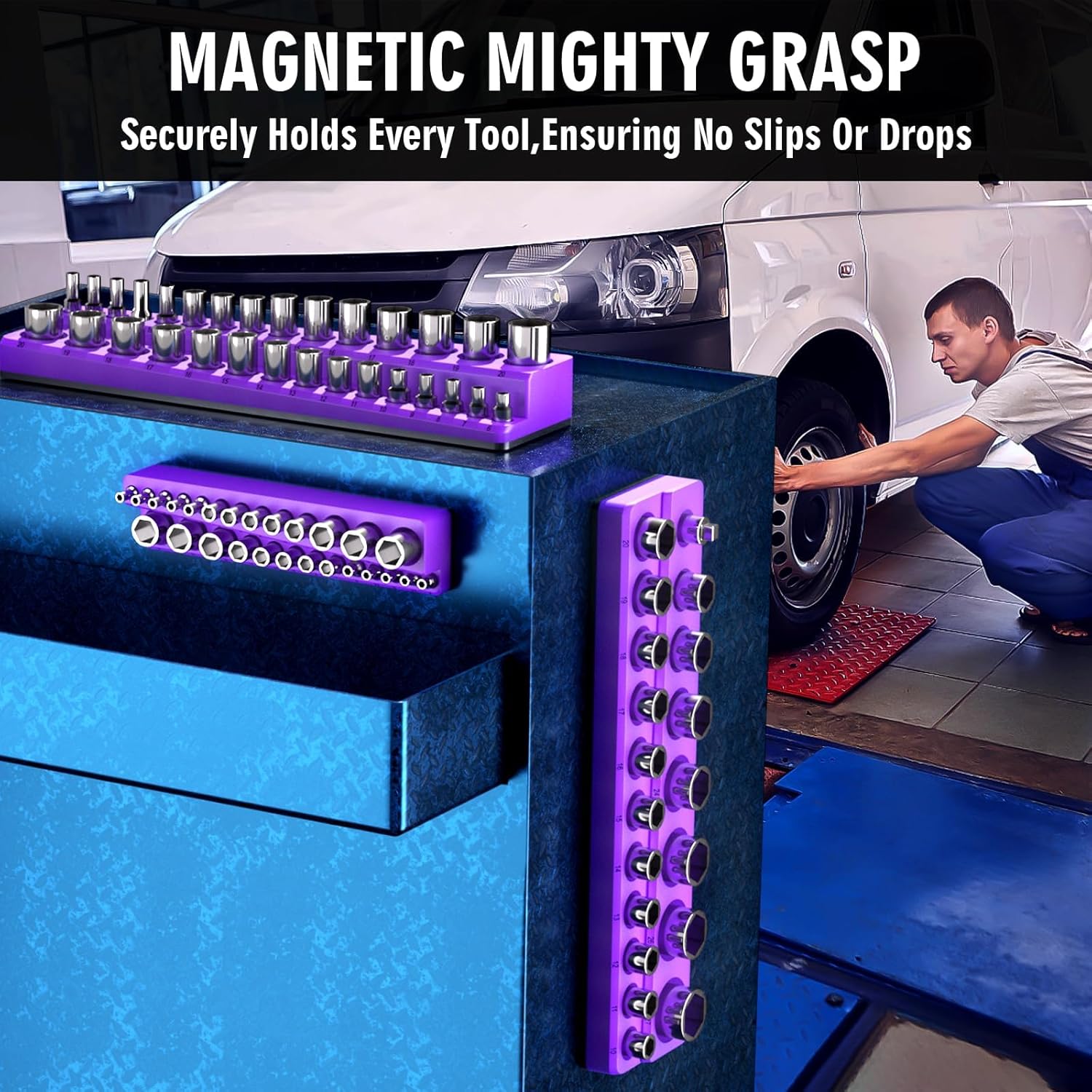 Magnetic Socket Organizer Set, 3-Piece Socket Holder Trays for 1/4" 3/8" 1/2" Drive Sockets, Organizes 68 Metric Sockets, Purple Tool Box Organizer (Sockets Not Included)