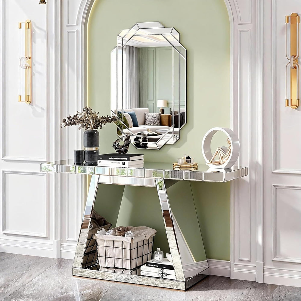 55.9" Full Body Mirror Entryway Table with Trapezoid Base 360° Reflectiv...