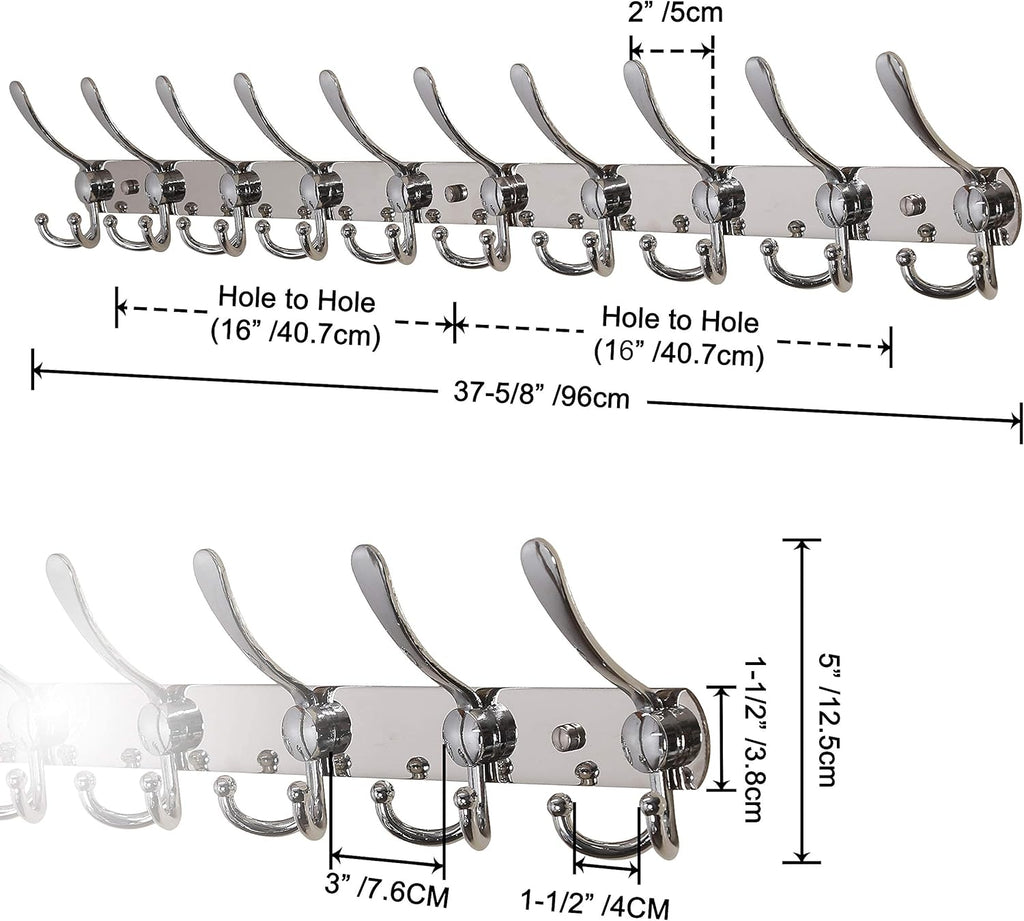 Dseap Coat Rack Wall Mount - 38” Long 10-Tri-Hooks Heavy Duty Coat Hanger Rail Wall Hooks for Hanging Coats Hats Clothing Clothes Purse Mudroom Entryway, Chromed, Pack of 2