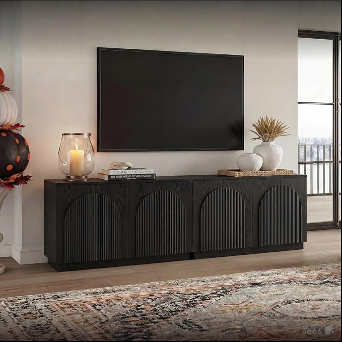 Yechen Fluted Black TV Stand with Arched Reeded Design Doors, Modern Entertainment Center with Storage for Up to 98", TV Media Console, TV Cabinet for Living Room, Bedroom(2 PCS)