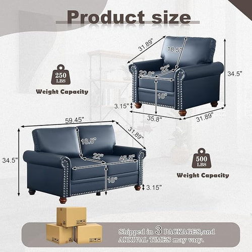 2 Piece Faux Leather Sofa Set,Modern Chair and Loveseat Sets with Storage,Mid Century Couch with Rivet Rolled Arm,Comfy Deep Seat Sofa,Furniture for Living Room,Office(Armchair+Loveseat,Navy Blue)