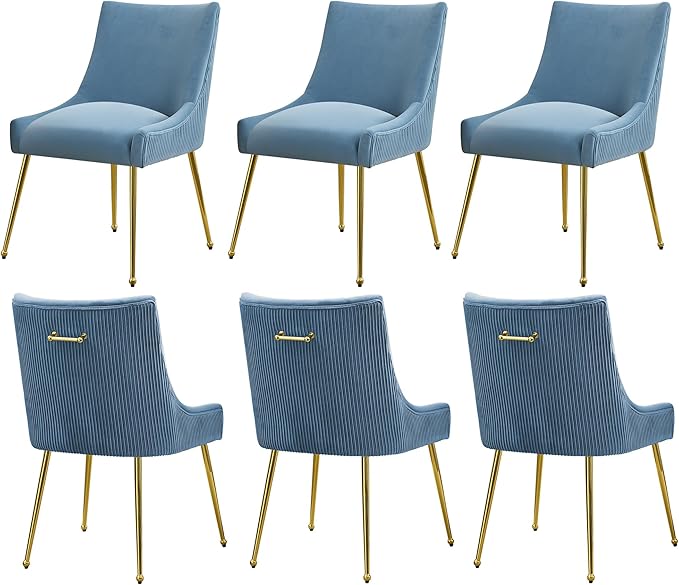 Velvet Dining Chairs Set of 6 Gold Legs,Upholstered Velvet Accent Chairs, Pleated Back Design & Gold Pull Handle, Mid Century Modern Chairs for Dining/Kitchen/Living Room,Light Blue