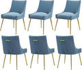 Velvet Dining Chairs Set of 6 Gold Legs,Upholstered Velvet Accent Chairs, Pleated Back Design & Gold Pull Handle, Mid Century Modern Chairs for Dining/Kitchen/Living Room,Light Blue