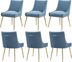 Velvet Dining Chairs Set of 6 Gold Legs,Upholstered Velvet Accent Chairs, Pleated Back Design & Gold Pull Handle, Mid Century Modern Chairs for Dining/Kitchen/Living Room,Light Blue