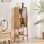 Welnow Bamboo Rattan Bookcase with Cabinet, 2-Tier Storage Shelf with Side Table & End Table Function, Large Modern Wood Organizer for Living Room or Bedroom, Natural Bookshelf