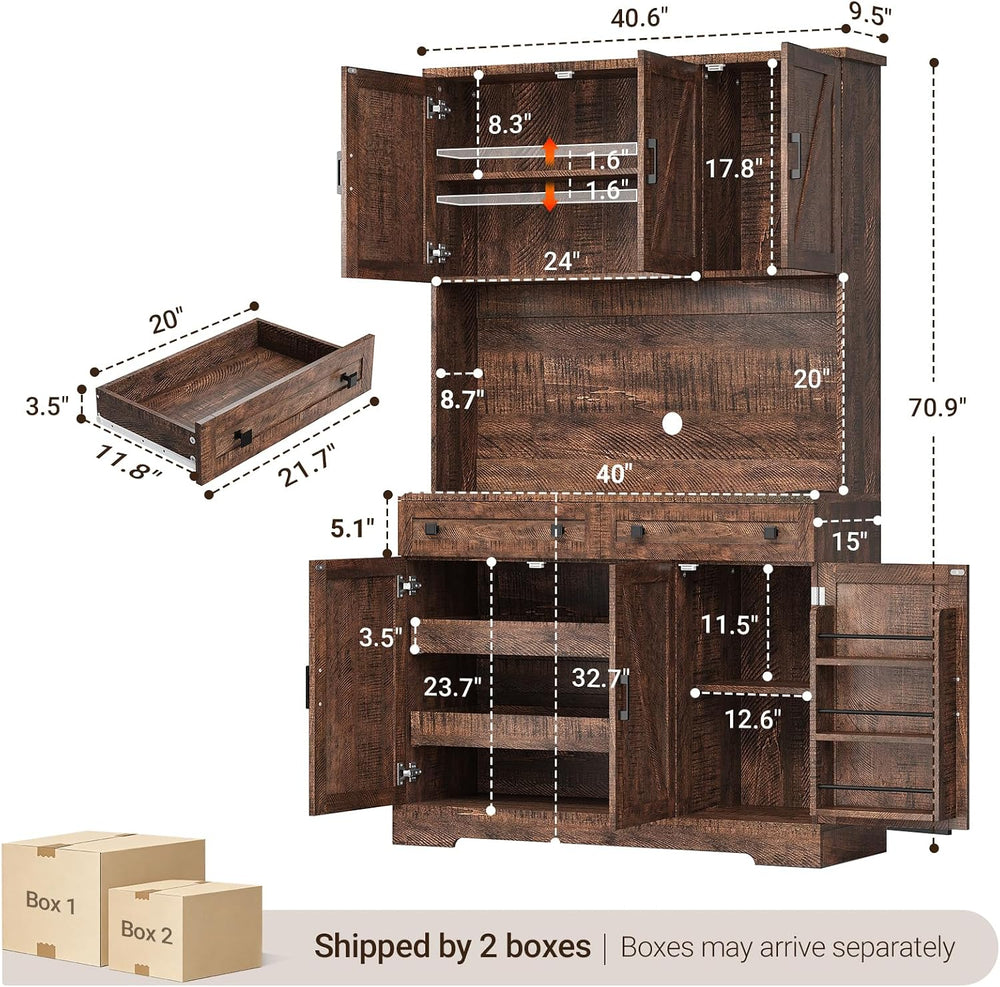 ELYKEN 71" Kitchen Pantry Storage Cabinet with Outlet & LED Lights, ...