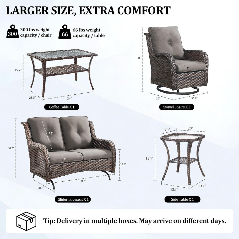 Outdoor Wicker Swivel Rocker Chair and Glider Loveseat 2 Seater, Brown/Grey