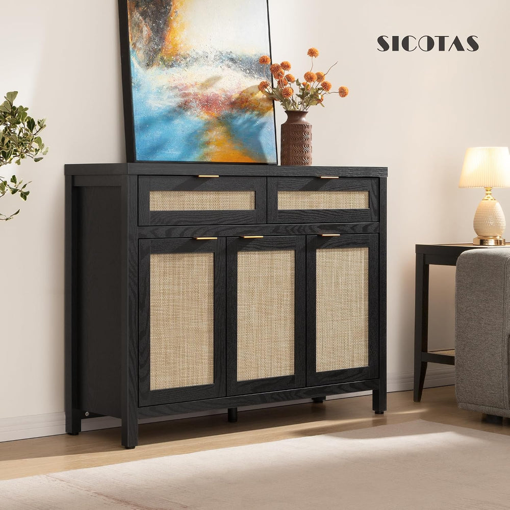 SICOTAS Rattan Sideboard Buffet Cabinet with Storage, Boho Credenza Accent Ca...