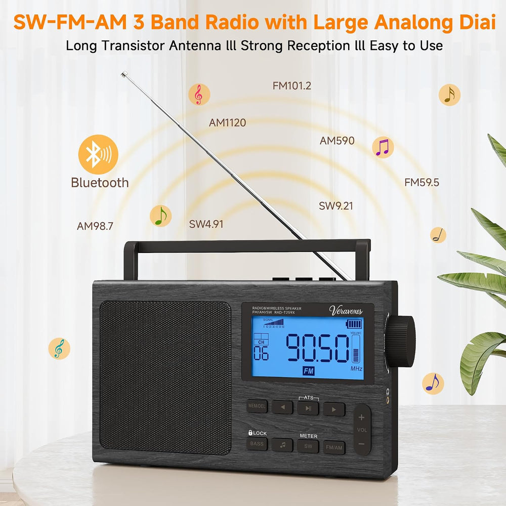 Portable Bluetooth AM FM Shortwave Radio AC & Battery Powered